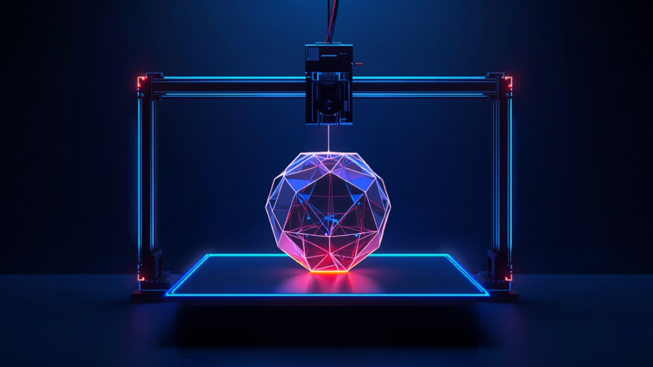 Imprimante 3D imprimant un objet géométrique, illustration 3D SIS
